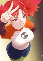 Rule 34 | 00s, 1girl, artist request, ass, big hair, breasts, earrings, eyeshadow, fang, hand on own hip, highres, hoop earrings, jewelry, large breasts, long hair, looking at viewer, makeup, mega man (series), mega man battle network, ms. madd (mega man), pants, red hair, shirt, short twintails, smile, solo, standing, twintails, v, wide hips