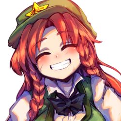 Rule 34 | 1girl, artist request, beret, black bow, blush, bow, bowtie, braid, clenched teeth, closed eyes, fang, hat, head tilt, highres, hong meiling, long hair, orange hair, parted bangs, scrape, shirt, side braid, simple background, smile, solo, source request, star (symbol), teeth, torn clothes, touhou, twin braids, upper body, white background, white shirt