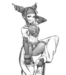 Rule 34 | 1girl, abs, baggy pants, belt, blunt bangs, bracelet, breasts, chinese clothes, detached sleeves, drill hair, dudou, fang, fingerless gloves, gloves, greyscale, hair intakes, han juri, highres, jewelry, kelvin hiu, looking at viewer, medium breasts, monochrome, multiple belts, nail polish, navel, pants, pantyhose, sideboob, soles, solo, spiked bracelet, spikes, standing, standing on one leg, stirrup legwear, street fighter, street fighter iv (series), thighs, toeless legwear, toes, tongue, tongue out, twin drills, white background