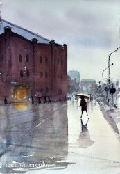 Rule 34 | 6+others, building, city, cityscape, day, grey sky, holding, holding umbrella, lamppost, multiple others, nara watercolor, original, painting (medium), reflective floor, road, scenery, shadow, sky, street, traditional media, umbrella, watercolor (medium)