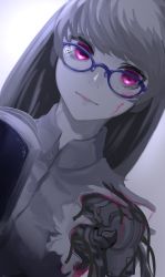 Rule 34 | 1girl, absurdres, amputee, android, asagon007, cyborg, damaged, glasses, highres, injury, joints, long hair, looking at viewer, mechanical arms, mechanical parts, monochrome, original, purple eyes, robot joints, science fiction, single mechanical arm, solo, torn clothes, wire