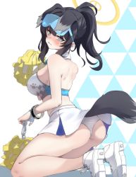 Rule 34 | 1girl, absurdres, animal ears, ass, back, bare shoulders, black hair, blue archive, blue eyes, breasts, cheerleader, crop top, dog ears, dog girl, dog tail, eyewear on head, fon (96nokimihito), gloves, goggles, goggles on head, halo, hibiki (blue archive), hibiki (cheer squad) (blue archive), highres, kneeling, long hair, looking at viewer, medium breasts, millennium cheerleader outfit (blue archive), official alternate costume, panties, pom pom (cheerleading), pom pom (clothes), ponytail, shoes, simple background, skirt, solo, sticker, sticker on face, tail, underwear, wedgie, white background, white footwear, white gloves, white panties