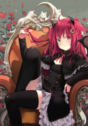 Rule 34 | 1girl, black thighhighs, blush, commentary request, crescent, crescent hair ornament, demon girl, demon horns, demon wings, dress, frills, hair ornament, heterochromia, highres, horns, long hair, nijisanji, re lucy, red eyes, red hair, resolution mismatch, smile, solo, source larger, thighhighs, two side up, virtual youtuber, wings, yuzuki roa