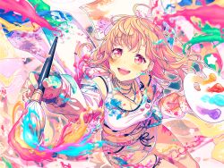 Rule 34 | 1girl, badge, bang dream!, blush, button badge, choker, colorful, crop top, dolphin shorts, ear piercing, earrings, floating hair, from above, hair ornament, hairclip, hiromachi nanami, holding, holding paintbrush, jacket, jacket partially removed, jewelry, necklace, official art, open mouth, paint, paint splatter, paintbrush, painting (action), palette (object), piercing, pink eyes, pink hair, shorts, sitting, smile, solo, strap slip, thighlet, third-party source