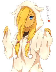 Rule 34 | 1girl, alternate hairstyle, blonde hair, blue eyes, hair over one eye, heart, hood, hoodie, inazuma eleven (series), inazuma eleven go, inazuma eleven go chrono stone, long hair, looking at viewer, no pupils, reiza, sekina, simple background, solo, translation request, white background
