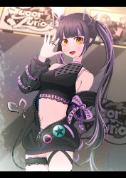 Rule 34 | 1girl, absurdres, badge, black hair, black jacket, black ribbon, black shirt, blunt bangs, blush, breasts, button badge, cleavage, commentary request, copyright name, cowboy shot, crop top, demon girl, demon horns, demon tail, graffiti, grey horns, heart, heart print, highres, horns, jacket, jewelry, kojo anna, kojo anna (1st costume), lanigiro, leg ribbon, letterboxed, long hair, long sleeves, looking at viewer, medium breasts, midriff, multicolored hair, nanashi inc., navel, off shoulder, open clothes, open jacket, open mouth, pointy ears, print shirt, purple hair, ribbon, ring, russian text, see-through, see-through cleavage, see-through shirt, shirt, sleeveless, sleeveless shirt, smile, solo, star (symbol), sugar lyric, tail, thigh strap, twintails, two-tone hair, virtual youtuber, waving, yellow eyes, zipper