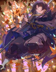 Rule 34 | 1girl, animal ear fluff, animal ears, arknights, autumn, autumn leaves, beads, black gloves, black hair, black kimono, black pants, closed mouth, day, dog ears, facial mark, falling leaves, fingerless gloves, forehead mark, from below, gloves, gugu (guming304), highres, japanese clothes, kimono, knee pads, leaf, long hair, long sleeves, looking at viewer, looking down, maple leaf, medium hair, midair, outdoors, pants, parted bangs, prayer beads, saga (arknights), solo, very long hair, wide sleeves, yellow eyes