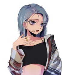 Rule 34 | 1girl, 87esn, absurdres, animification, black camisole, blue eyes, blue hair, camisole, collarbone, commentary, crop top, english commentary, girls planet 999, grey jacket, hair behind ear, hair between eyes, hair strand, headset, highres, hood, hood down, hooded jacket, jacket, jewelry, looking to the side, midriff, multiple rings, open mouth, real life, ring, solo, su ruiqi, upper body