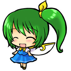 Rule 34 | 1girl, bow, chibi, closed eyes, daiyousei, embodiment of scarlet devil, female focus, full body, green hair, side ponytail, simple background, socha, solo, touhou, white background, wings