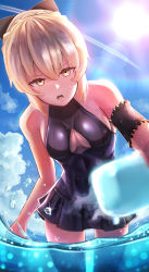 Rule 34 | armband, artoria pendragon (all), artoria pendragon (alter swimsuit rider) (fate), artoria pendragon (alter swimsuit rider) (first ascension) (fate), artoria pendragon (fate), blonde hair, blue skirt, breasts, cleavage, cloud, fate/grand order, fate (series), foreshortening, highres, lens flare, looking down, medium breasts, open mouth, pasoputi, saber alter, skirt, solo, sweat, swimsuit, swimsuit skirt, wading, yellow eyes