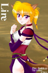 Rule 34 | 1girl, animal ears, belt, blonde hair, brown background, cat ears, cat tail, character name, collar, copyright name, fire emblem, fire emblem: radiant dawn, hair between eyes, hissaa (starlight express), lyre (fire emblem), nintendo, o-ring, o-ring belt, ponytail, purple eyes, short hair, solo, tail
