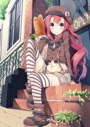 Rule 34 | 1girl, bag, baguette, boots, bread, brown eyes, food, hat, kurimu (yappen), kurimu (yatsu), long hair, long sleeves, looking at viewer, md5 mismatch, midriff, midriff peek, navel, original, paper bag, plant, potted plant, red hair, shorts, sitting, sitting on stairs, smile, solo, stairs, striped clothes, striped thighhighs, thighhighs, yappen, yatsu (sasuraino)