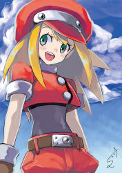 Rule 34 | 1girl, belt, belt buckle, blonde hair, blush, bodysuit, brown gloves, buckle, buttons, capcom, cloud, covered navel, cowboy shot, dated, day, gloves, green eyes, hat, highres, long hair, looking to the side, mega man (series), mega man legends (series), open mouth, red hat, roll caskett (mega man), short sleeves, shorts, sidelocks, signature, sky, smile, solo, spiked hair, sumomo, teeth, undershirt