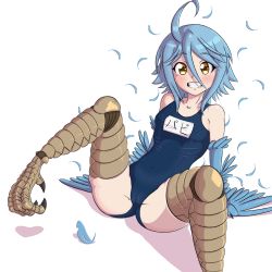 Rule 34 | 1girl, ahoge, bare shoulders, bird legs, blue feathers, blue hair, blue wings, blush, breasts, claws, dress, embarrassed, feathered wings, feathers, hair between eyes, harpy, highres, knightmareluna, looking at viewer, monster girl, monster musume no iru nichijou, orange eyes, papi (monster musume), presenting, short hair, simple background, sitting, small breasts, solo, spread legs, talons, teeth, thighs, track suit, track uniform, white background, winged arms, wings