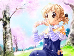 Rule 34 | 1girl, blonde hair, brown eyes, cherry blossoms, gainax, game, game cg, nature, patricia (princess maker 4), petals, princess, princess maker (series), princess maker 4, screencap, short hair, short twintails, sitting, solo, striped, tenhiro naoto, twintails