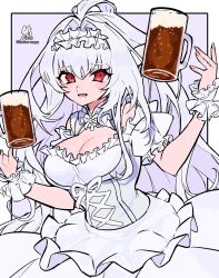 Rule 34 | 1girl, ahoge, alcohol, bare shoulders, beer, beer mug, breasts, cleavage, cleavage cutout, clothing cutout, corset, cup, dirndl, dress, fate/grand order, fate (series), frilled hairband, frills, german clothes, hacco mayu, hairband, highres, lady avalon (event portrait) (fate), lady avalon (fate), large breasts, long hair, looking at viewer, merlin (fate/prototype), mug, open mouth, pointy ears, red eyes, scrunchie, smile, solo, very long hair, white dress, white hair, wrist scrunchie
