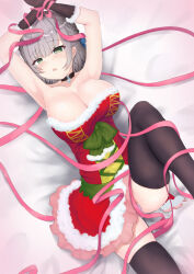 Rule 34 | 1girl, arms up, bare shoulders, bed sheet, black choker, black gloves, black thighhighs, bow, braid, breasts, choker, christmas, cleavage, commentary, dress, fang, fur-trimmed dress, fur-trimmed gloves, fur trim, gloves, green bow, green eyes, grey hair, half-closed eyes, hololive, knee up, komugikokonko, large breasts, looking at viewer, lying, microdress, on back, on bed, open mouth, panties, pantyshot, pink ribbon, red dress, ribbon, santa dress, shirogane noel, short hair, skin fang, solo, strapless, strapless dress, thighhighs, underwear, virtual youtuber