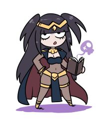 Rule 34 | 1girl, black bra, black hair, blunt bangs, bodystocking, book, bra, bracelet, breasts, bridal gauntlets, chibi, cleavage, commentary, covered navel, english commentary, fire emblem, fire emblem awakening, full body, gold trim, hand on own hip, highres, holding, holding book, jewelry, kujikawaii, long hair, looking at viewer, medium breasts, nintendo, pelvic curtain, shadow, sidelocks, simple background, skin tight, skull, solo, tharja (fire emblem), thighlet, tiara, turtleneck, two-tone cape, two side up, underwear