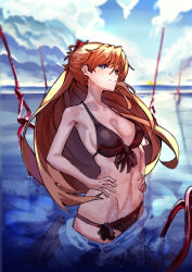 Rule 34 | 1girl, absurdres, artist request, bikini, blue eyes, blue sky, breasts, brown hair, hands on own hips, headgear, highres, interface headset, lance of longinus (evangelion), large breasts, long hair, looking to the side, navel, neon genesis evangelion, polearm, shiny clothes, side-tie bikini bottom, sky, smile, solo, souryuu asuka langley, swimsuit, two side up, very long hair, water, weapon