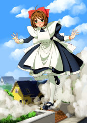 Rule 34 | 1girl, absurdres, antenna hair, black dress, black footwear, blue sky, bow, brown hair, cardcaptor sakura, cloud, commission, destruction, dress, eudetenis, frilled dress, frills, giant, giantess, green eyes, hair bow, highres, house, juliet sleeves, kinomoto sakura, light blush, long sleeves, looking at viewer, mary janes, open mouth, pantyhose, puffy sleeves, red bow, shoes, short hair, sky, solo, sweatdrop, white pantyhose