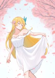 Rule 34 | 1girl, absurdres, blonde hair, butterfly hair ornament, cherry blossoms, cipher4109, closed eyes, commentary, dress, english commentary, flower, hair flower, hair ornament, highres, long hair, nijisanji, nijisanji en, off-shoulder dress, off shoulder, petals, pink flower, pointy ears, pomu rainpuff, smile, solo, very long hair, virtual youtuber, white dress