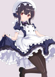 Rule 34 | 1girl, absurdres, apron, black hair, black pantyhose, bow, commentary, eluthel, frilled skirt, frills, hat, highres, idolmaster, idolmaster shiny colors, leg up, maid, maid apron, maid cap, mary janes, mob cap, morino rinze, pantyhose, puffy short sleeves, puffy sleeves, red eyes, shoes, short sleeves, simple background, skirt, skirt hold, solo, standing, standing on one leg, wrist cuffs