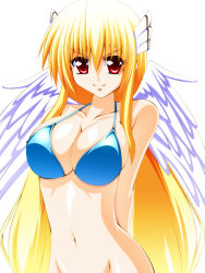 Rule 34 | angel wings, arms behind back, astraea (sora no otoshimono), bikini, blonde hair, bottomless, breasts, cleavage, engo (aquawatery), groin, large breasts, navel, red eyes, smirk, sora no otoshimono, swimsuit, wings