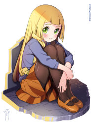 Rule 34 | 1girl, blonde hair, blush, braid, brown footwear, brown pantyhose, brown skirt, closed mouth, commentary request, cosplay, creatures (company), emma (pokemon), emma (pokemon) (cosplay), eyelashes, full body, game freak, green eyes, highres, kinocopro, lillie (pokemon), long hair, nintendo, pantyhose, pleated skirt, pokemon, pokemon sm, pokemon xy, shoes, sitting, skirt, sleeves past elbows, smile, solo, sweater, twitter username, watermark, white background