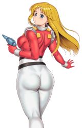 Rule 34 | 1girl, alfin, ass, ass focus, belt, blonde hair, blue eyes, blush, breasts, commentary request, crusher joe, from behind, full body, gloves, gun, highres, holding, holding gun, holding weapon, large breasts, long hair, looking at viewer, looking back, orizen, outstretched arm, parted lips, science fiction, simple background, solo, weapon, white background