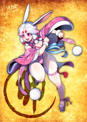 Rule 34 | 1girl, animal ears, breasts, buck teeth, chinese zodiac, cleavage, clenched hands, commentary, english commentary, full body, fur trim, gourd, grey hair, high heels, highleg, highleg leotard, highres, large breasts, leotard, multicolored hair, nontraditional playboy bunny, open mouth, original, pantyhose, pink eyes, pink hair, pink leotard, platform footwear, platform heels, pom pom (clothes), rabbit ears, rabbit girl, ryuusei (mark ii), signature, skindentation, smile, solo, teeth, thick eyebrows, thick thighs, thigh strap, thighs, twitter username, two-tone hair, year of the rabbit