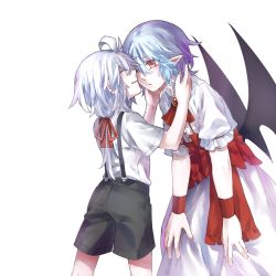 Rule 34 | 2girls, ahoge, bat wings, black shorts, black wings, blue hair, blush, brooch, buttons, closed mouth, commentary, dress, frilled sleeves, frills, izayoi sakuya, jewelry, long hair, multiple girls, one eye closed, pointy ears, puffy short sleeves, puffy sleeves, red eyes, red neckwear, remilia scarlet, shirt, short hair, short sleeves, shorts, shouzuo, smile, standing, suspenders, touhou, white background, white dress, white shirt, wings, aged down