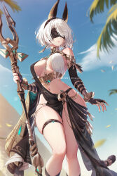 Rule 34 | 1girl, 2b (nier:automata), animal ears, black blindfold, blindfold, breasts, egyptian, egyptian clothes, egyptian mythology, hairband, jackal ears, medium breasts, mitsu (mitsu art), mole, mole under mouth, navel, nier:automata, nier (series), revealing clothes, short hair, solo, stomach, thigh strap, white hair, wide hips