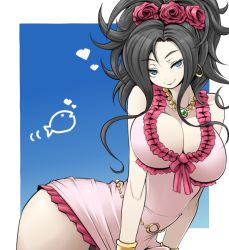 Rule 34 | 1girl, black hair, blue eyes, bracer, breasts, cleavage, deborah (dq5), dragon quest, dragon quest v, dress, earrings, flower, hair flower, hair ornament, jewelry, kara age, large breasts, long hair, md5 mismatch, necklace, rose, smile, solo