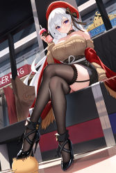 Rule 34 | 1girl, azur lane, bag, bare shoulders, belfast (azur lane), belfast (shopping with the head maid) (azur lane), black bow, black choker, black footwear, black skirt, blush, bow, breasts, brown sweater, brown thighhighs, choker, closed mouth, crossed legs, cup, disposable cup, from below, full body, garter straps, hair between eyes, hair bow, hat, high heels, highres, holding, holding cup, lace, lace-trimmed legwear, lace trim, large breasts, long hair, long sleeves, looking at viewer, manjuu (azur lane), miniskirt, nail polish, nekoda (maoda), off-shoulder sweater, off shoulder, official alternate costume, patent heels, pumps, purple eyes, red hat, red nails, shoes, sitting, skirt, smile, solo, stiletto heels, sweater, thighhighs, thighs, very long hair, white hair