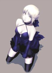 Rule 34 | 1girl, artoria pendragon (all), artoria pendragon (fate), bare shoulders, black gloves, black thighhighs, blonde hair, braid, breasts, choker, cleavage, elbow gloves, fate/stay night, fate (series), from above, full body, gloves, hair ribbon, halterneck, kneeling, looking at viewer, pale skin, ribbon, rikoko, saber (fate), saber alter, short hair, simple background, skirt, skirt grab, solo, thighhighs, yellow eyes