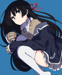 Rule 34 | 1girl, black hair, black jacket, blazer, blue background, blue eyes, blush, brown sweater, closed mouth, collared shirt, from above, grey skirt, hair ornament, hair ribbon, hairpin, jacket, long hair, long sleeves, looking at viewer, lying, nijisanji, no shoes, off shoulder, on side, petticoat, plaid, plaid skirt, pleated skirt, red ribbon, ribbon, school uniform, shirt, sidelocks, simple background, skirt, sleeves past wrists, solo, sou (tuhut), straight hair, sweater, thighhighs, tsukino mito, v-neck, virtual youtuber, white shirt, white thighhighs, zettai ryouiki