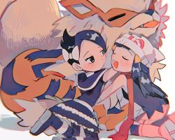 Rule 34 | 2girls, :d, arcanine, bare arms, beanie, black hair, black legwear, blush, boots, bow, closed eyes, closed mouth, commentary request, creatures (company), dawn (pokemon), dress, eyelashes, game freak, gen 1 pokemon, grey eyes, hair bow, hair ornament, hairclip, hat, hinann bot, hug, kneeling, long hair, looking at another, marley (pokemon), multiple girls, nintendo, open mouth, pink footwear, pokemon, pokemon (creature), pokemon dppt, red scarf, scarf, short hair, sleeveless, smile, socks, tongue, white headwear, |d
