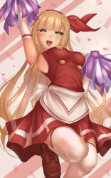 Rule 34 | 1girl, apron, arm up, armpits, back bow, blonde hair, bow, brown footwear, buttons, cheerleader, ellen (touhou), green hair, hair bow, highres, holding, holding pom poms, long hair, open mouth, pleated skirt, pom pom (cheerleading), pom poms, red bow, red shirt, red skirt, shirt, shounen (hogehoge), skirt, sleeveless, sleeveless shirt, thighhighs, touhou, touhou (pc-98), very long hair, white apron, white thighhighs, zettai ryouiki