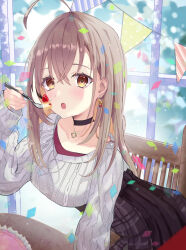 Rule 34 | 1girl, :o, ahoge, berry, black choker, brown eyes, brown hair, brown hoodie, brown skirt, cake, choker, confetti, crossed bangs, earrings, eating, food, food-themed earrings, fork, hair down, hair ornament, hairclip, happy birthday, highres, holding, holding fork, hololive, hololive english, hood, hoodie, jewelry, leaning forward, long hair, long skirt, looking at viewer, manganeso, multicolored hair, nanashi mumei, nanashi mumei (casual), necklace, official alternate costume, oversized clothes, plaid, plaid skirt, pleated skirt, runes, skirt, sleeves past wrists, strawberry shortcake, streaked hair, sweater, virtual youtuber, white sweater, window, wooden chair