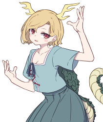Rule 34 | 1girl, absurdres, antlers, blonde hair, blue shirt, blush stickers, collarbone, dragon horns, dragon tail, green skirt, highres, horns, kame (kamepan44231), kicchou yachie, one-hour drawing challenge, open mouth, pleated skirt, red eyes, shirt, short hair, short sleeves, simple background, skirt, solo, tail, touhou, turtle shell, white background, yellow horns