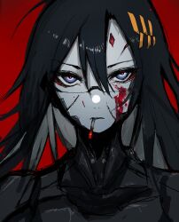 Rule 34 | 1girl, absurdres, android, black hair, blood, blood on face, blue eyes, chuhaibane, cigarette, expressionless, falke (signalis), forehead jewel, gem, highres, long hair, looking at viewer, red background, red gemstone, signalis, simple background, solo, upper body, very long hair