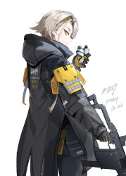 1girl black_gloves black_jacket black_pants chinese_commentary closed_mouth commentary_request dated explosive from_side girls&#039;_frontline girls&#039;_frontline_2:_exilium gloves grenade grey_hair gun hair_ornament hairpin highres holding holding_grenade holding_gun holding_weapon hood hooded_jacket jacket kriss_vector looking_at_viewer multiple_hairpins orange_gloves pants short_hair simple_background solo submachine_gun trigger_discipline two-tone_gloves vector_(girls&#039;_frontline) weapon white_background yellow_eyes zzq