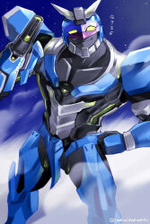 Rule 34 | 1boy, arm cannon, blue trooper (housamo), commentary request, cowboy shot, hand up, highres, humanoid robot, male focus, night, night sky, robot, sky, smile, solo, star (sky), starry sky, steam, sumi wo hakuneko, tokyo houkago summoners, translation request, twitter username, weapon