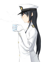 Rule 34 | 10s, 1girl, black hair, blowing, breasts, coffee mug, cup, epaulettes, female admiral (kancolle), from side, gloves, hat, highres, holding, holding cup, jacket, kantai collection, large breasts, long hair, military, military hat, military uniform, mug, niwatazumi, peaked cap, profile, red eyes, shadow, sidelocks, sketch, solo, steam, tatebayashi sakurako, uniform, white background, white gloves, white jacket