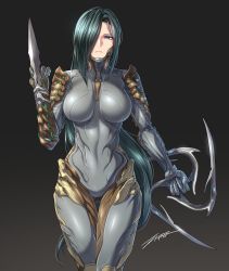 Rule 34 | 1girl, arm up, ash (warframe), blue eyes, bodysuit, breasts, cleavage, closed mouth, feet out of frame, frown, glaive (thrown weapon), grey hair, hair over one eye, holding, holding weapon, humanization, large breasts, legs together, long hair, personification, signature, simple background, skin tight, solo, very long hair, warframe, weapon, wrist blades, zxpfer
