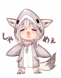 Rule 34 | 1girl, :d, ^ ^, animal costume, animal ears, animal slippers, bad id, bad pixiv id, blush, braid, chibi, closed eyes, fox ears, fox tail, full body, hair between eyes, highres, hololive, maneater (game), open mouth, parody, shark costume, shirakami fubuki, side braid, silver hair, simple background, slippers, smile, solo, standing, sukemyon, tail, translated, virtual youtuber, white background