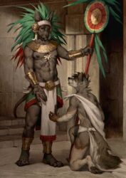 Rule 34 | 2boys, abs, armor, bare pectorals, barefoot, bracer, furry, furry male, furry with furry, greaves, headdress, highres, holding, holding staff, honovyart, kneeling, looking down, looking up, male focus, multiple boys, nipples, open hand, original, pectorals, short hair, skirt, staff, tail, toeless footwear, traditional clothes