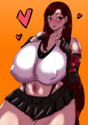 Rule 34 | 1girl, absurdres, breast suppress, breasts, brown eyes, brown hair, cleavage, covered erect nipples, earrings, final fantasy, final fantasy vii, final fantasy vii remake, fingerless gloves, gloves, highres, huge breasts, jewelry, long hair, looking at viewer, microskirt, skirt, solo, thick thighs, thighs, tifa lockhart, tongue, tongue out, wide hips