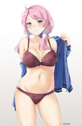 Rule 34 | 1girl, absurdres, ahoge, arknights, artist name, bare shoulders, blue eyes, blue jacket, blue poison (arknights), blush, bra, breasts, cleavage, collarbone, commentary, cowboy shot, english commentary, gradient background, grey background, groin, highres, jacket, large breasts, long hair, looking at viewer, low twintails, mistraia, navel, off shoulder, open clothes, open jacket, panties, pink hair, purple bra, purple panties, solo, standing, stomach, thighs, twintails, underwear, undressing, white background