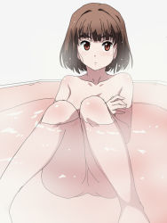 Rule 34 | 1girl, bathtub, blush, brown eyes, female focus, fujiwara zenko, fukigen na mononokean, knees together feet apart, knees up, nipples, nude, partially submerged, poncho s, pussy, short hair, simple background, sitting, solo, steam, uncensored, water, white background